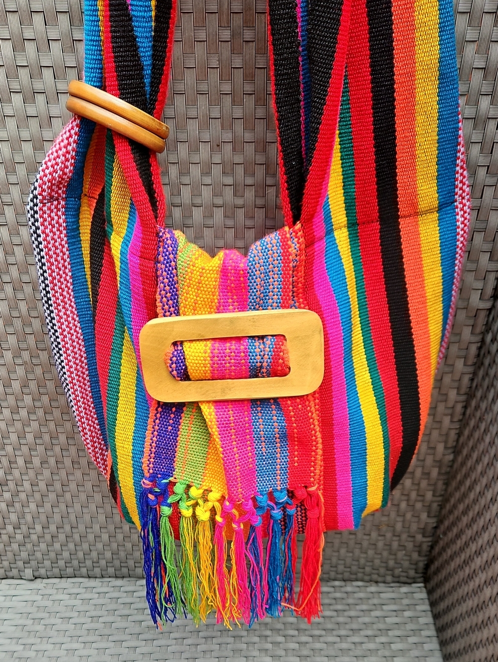New Handwoven Rainbow Stripe Crossbody Bag with Fringe